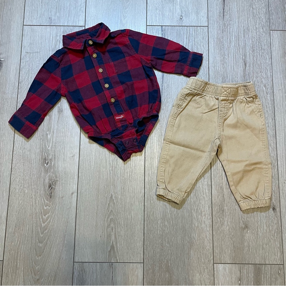 Wrangler Baby Red Blue Plaid Long Sleeve Onesie & Khaki Joggers Set 9 M Holiday‎